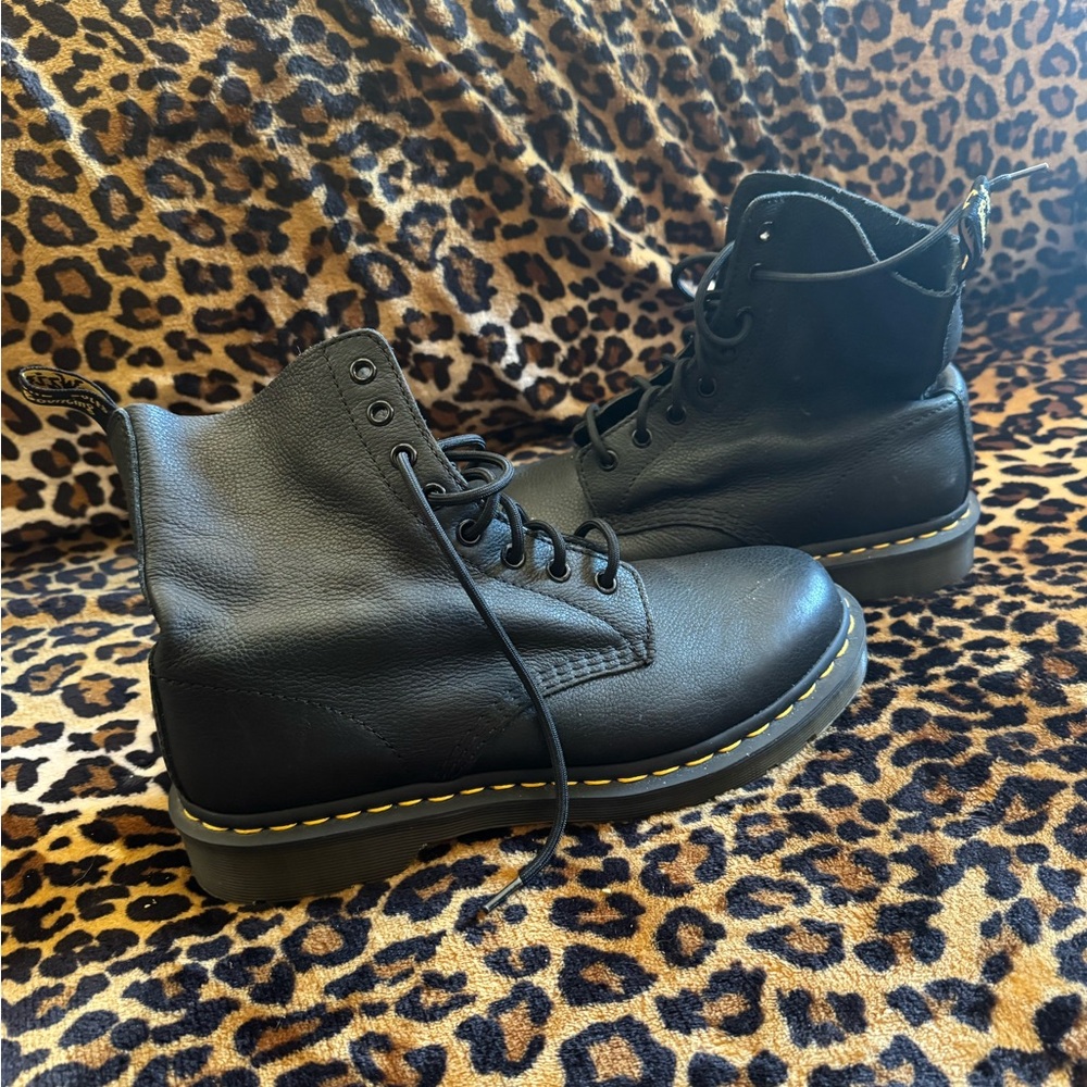 Dr. Martens Black Leather Combat Boots with Yellow Stitching - Picture 2 of 6